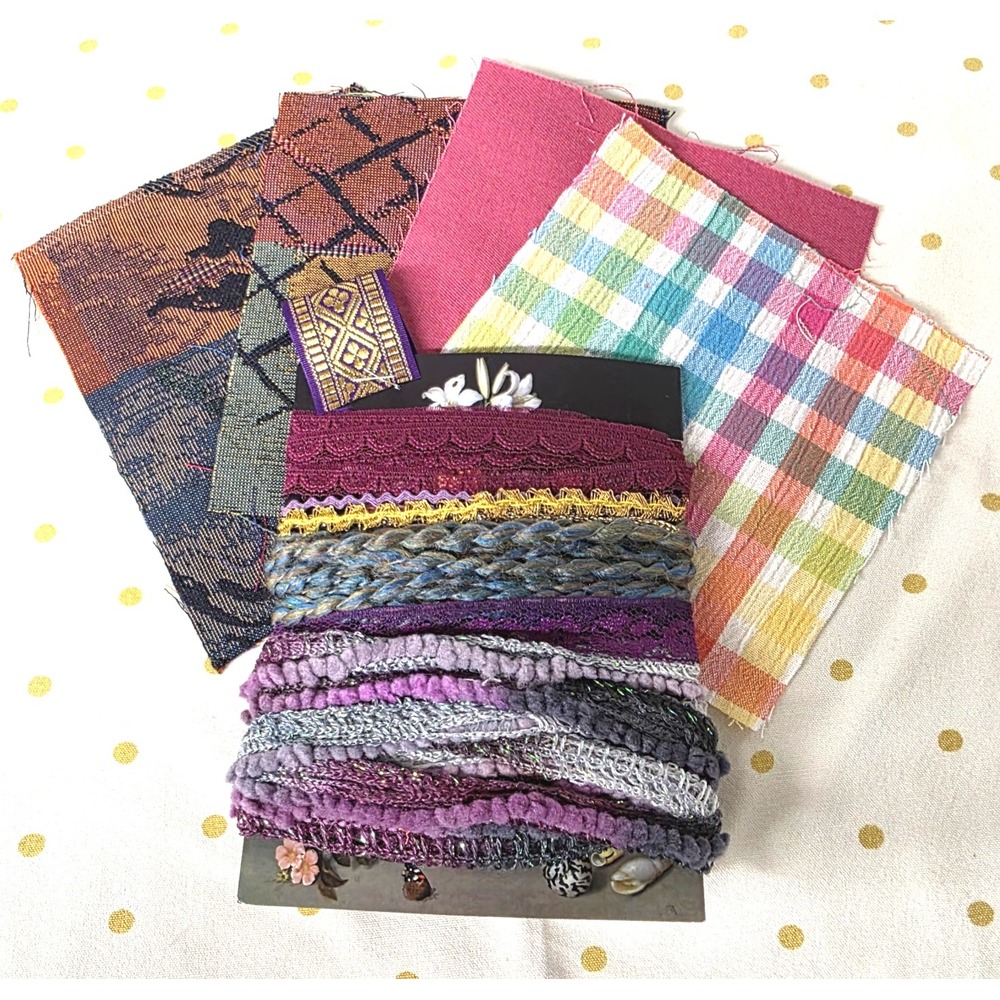 Slow Stitching Kit Vintage Fabric & Fiber Trim Bundle Purple Metallic 9.5 Yards